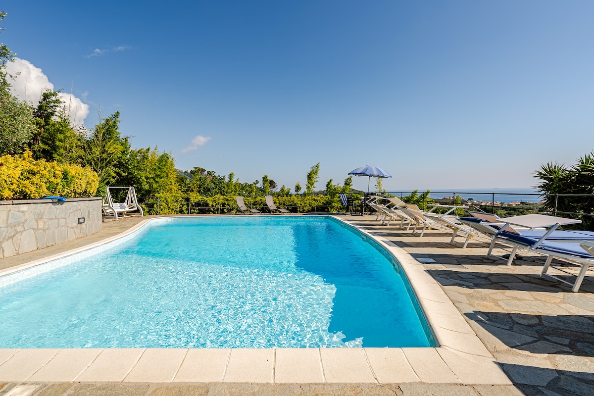A well-maintained swimming pool is surrounded by a stone patio and lounge chairs. Lush greenery borders the area, providing a serene landscape. In the background, a glimpse of the sea is visible under a clear blue sky.