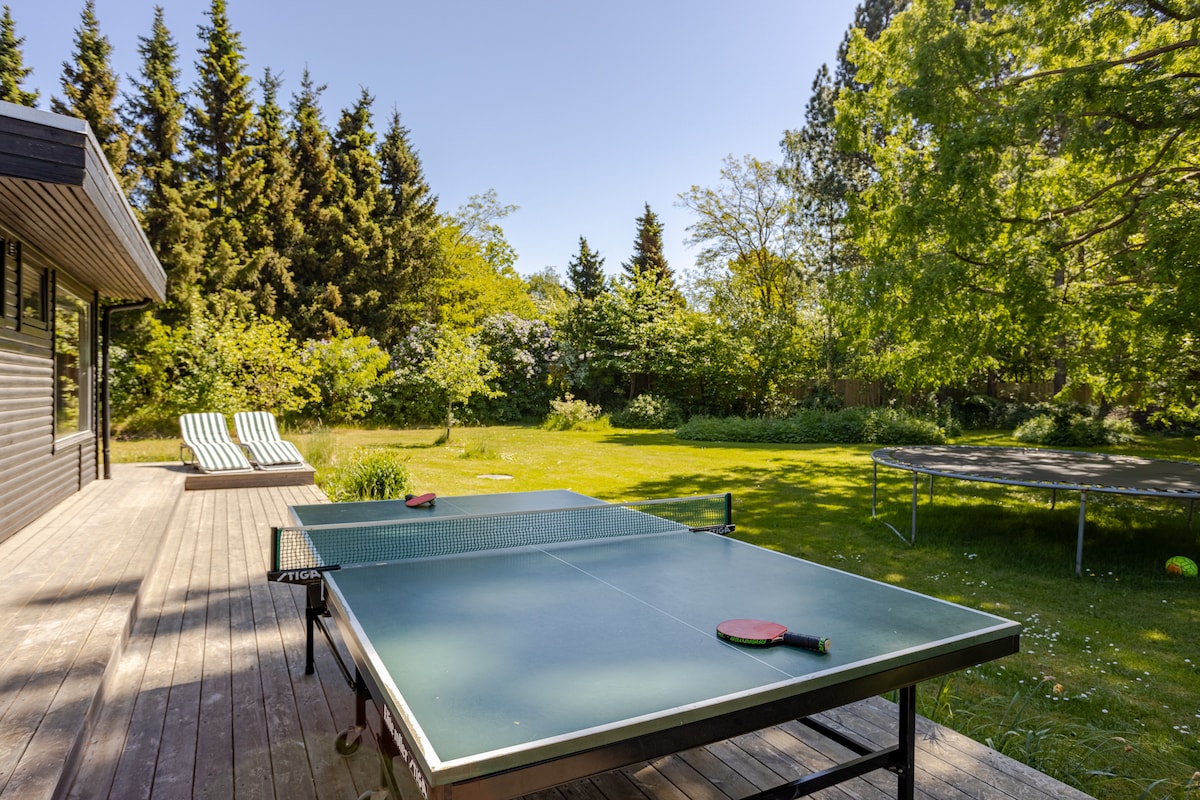 A spacious outdoor area features a ping pong table set on a wooden deck, surrounded by a lush green lawn and trees. Relaxing lounge chairs are positioned nearby, offering a comfortable space to enjoy the serene natural surroundings.