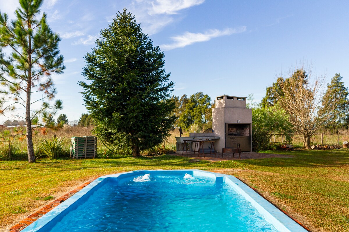 A swimming pool is situated in a green space, surrounded by grass and trees. A stone barbecue area is visible nearby, with a table set for outdoor meals. The backdrop features open fields and a clear blue sky.