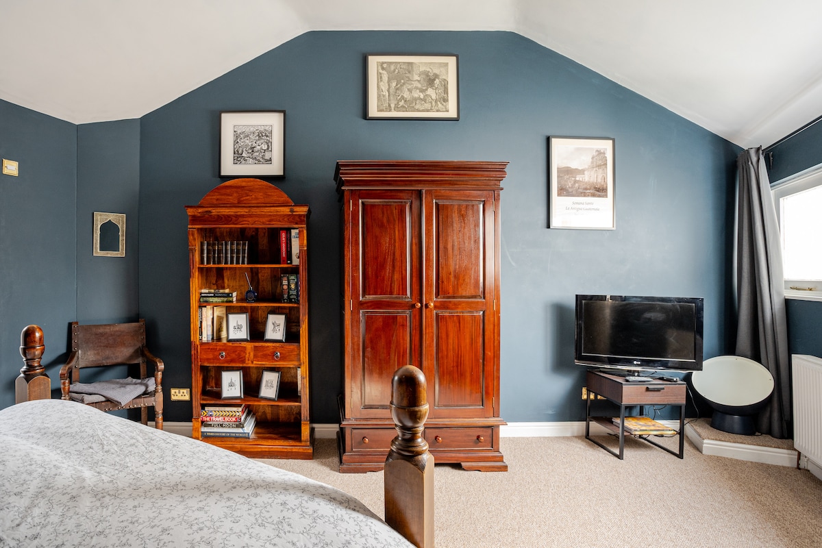 A cozy room is adorned with a dark blue feature wall, featuring a wooden wardrobe and a decorative bookshelf filled with books. A television is positioned on a stand, and natural light filters through a window, complemented by grey curtains. A chair adds to the seating options.