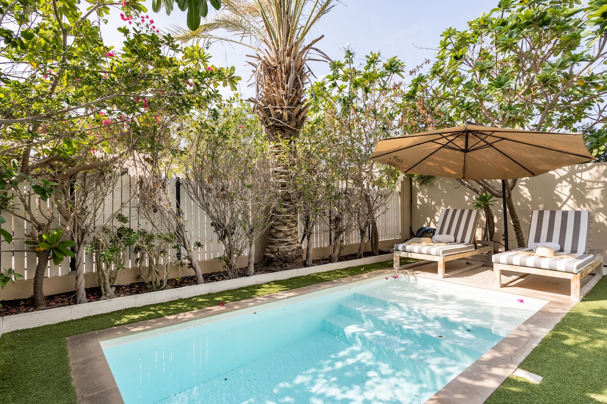 A private plunge pool is surrounded by lush greenery, offering a serene backdrop. Two lounge chairs with comfortable cushions are positioned beneath a large umbrella, providing a shaded retreat. Delicate flower petals float on the clear water, enhancing the tranquil setting.