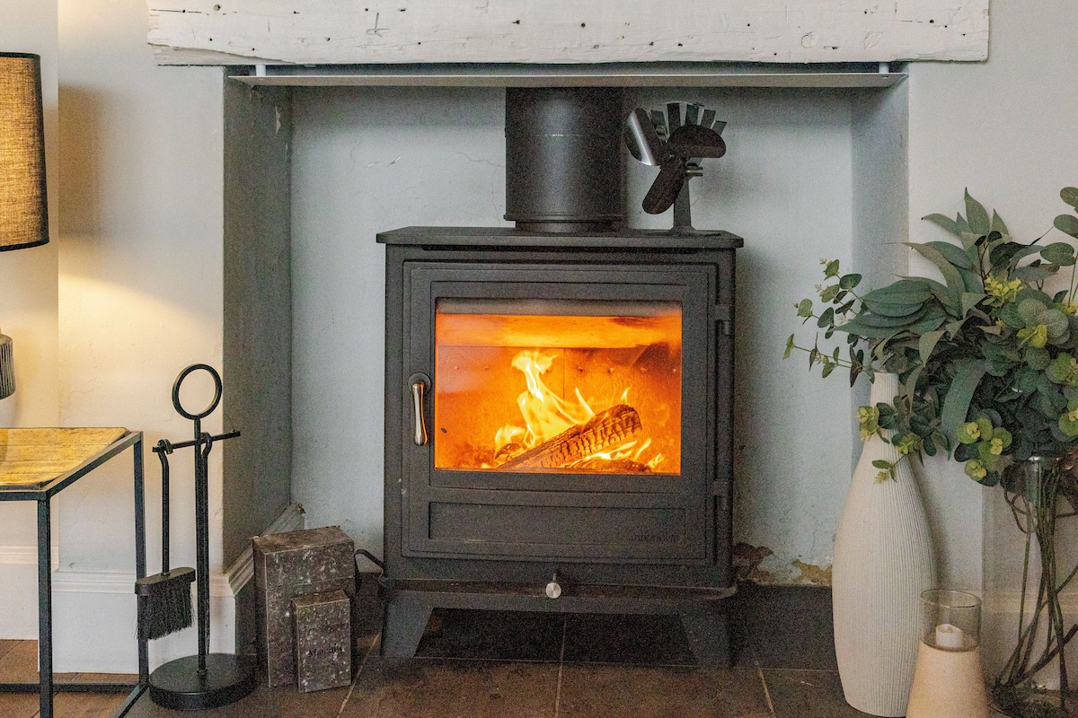 A woodburning stove is positioned within a rustic fireplace, radiating warm, flickering flames. A decorative black metal element sits atop the stove, while a minimalist light fixture and plants add subtle touches to the cozy setting. The surrounding area features neutral tones and a practical design.