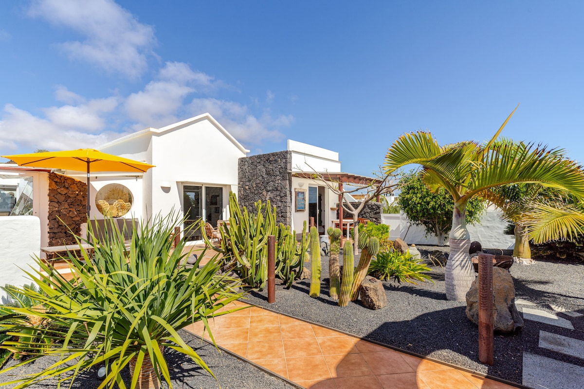 A charming exterior view of Casa Kalisat is highlighted, featuring a well-maintained garden with various green plants and cacti. A bright yellow umbrella provides shade, while a stone pathway leads toward the entrance, complemented by the contrasting texture of the surrounding black gravel.