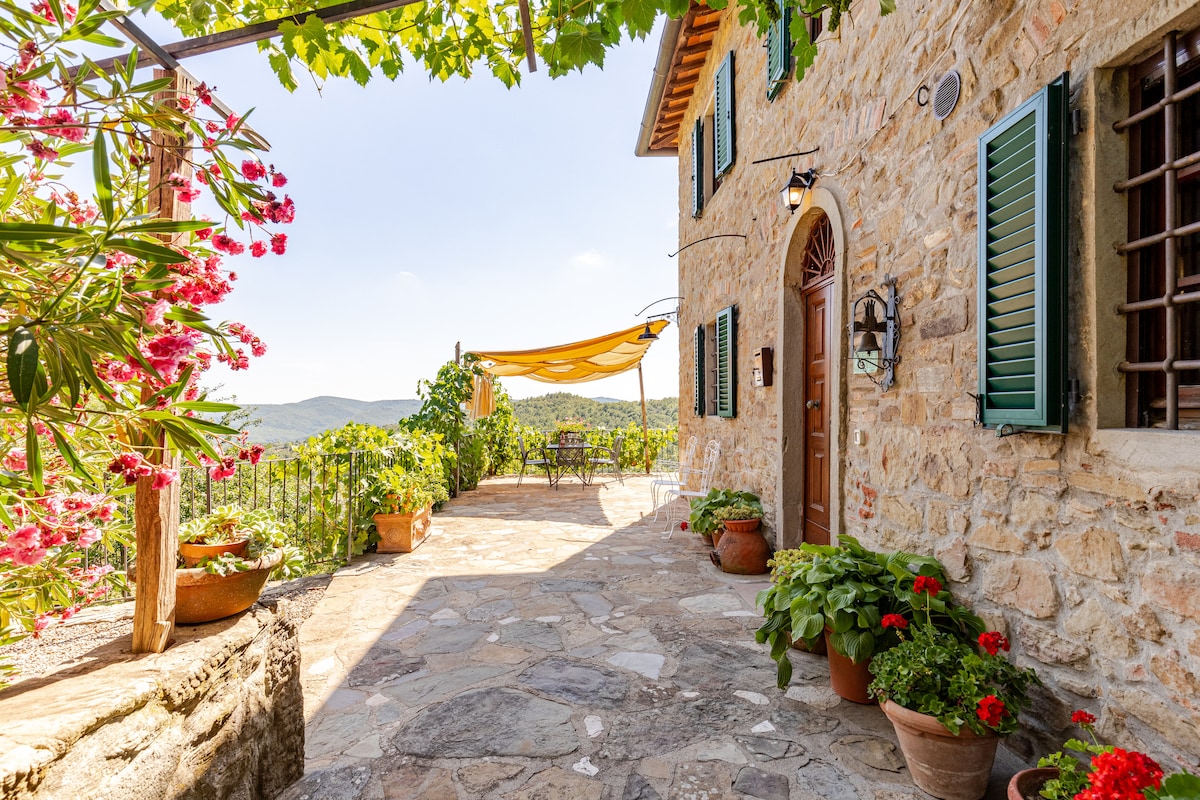 The stone exterior of the house is framed by vibrant flowers and lush greenery. A shaded terrace offers seating with views of the surrounding hills. Potted plants add color to the pathway made of large stones, leading to the entrance of the home.