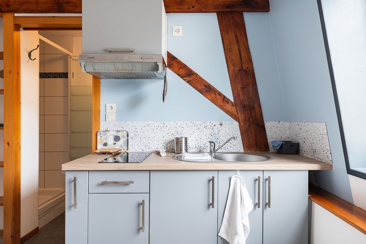 A compact kitchenette is presented with light blue walls and natural wood beams. The modern cabinetry offers additional storage, while a small round sink and stovetop are visible. An open doorway leads to a bathroom, enhancing accessibility and functionality.