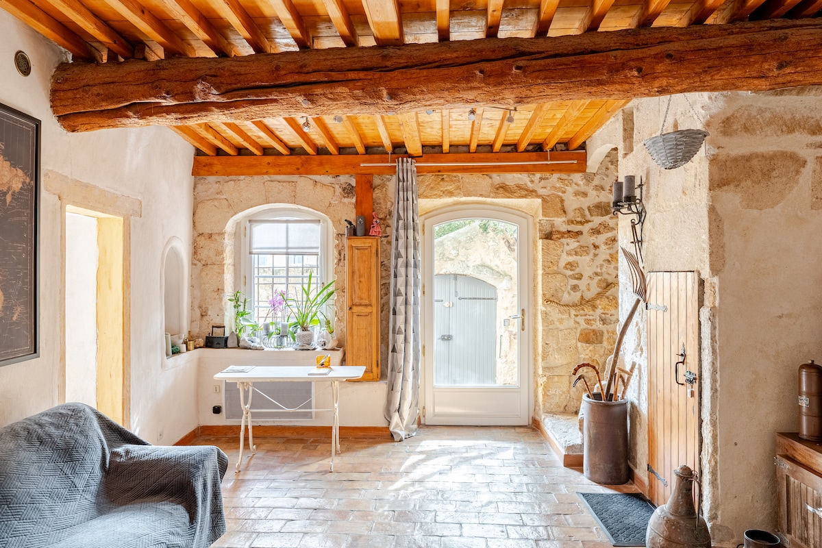 A spacious living area features exposed stone walls and wooden beams overhead. Large windows allow natural light to fill the space, accented by plants on the nearby table. A sofa is positioned to create a comfortable lounging area, while a rustic door leads to the outside.