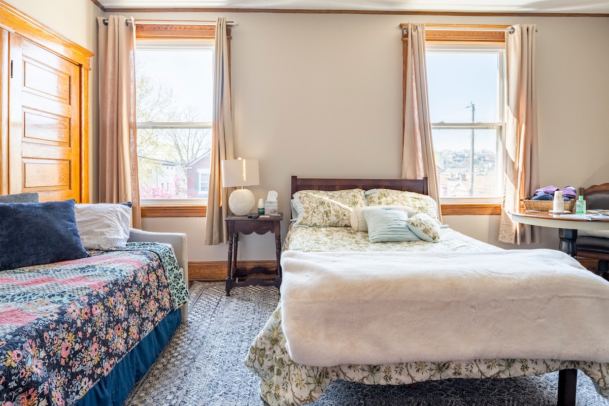 全尺寸床，配备全新床垫- 12英寸舒适床垫。 沙发床配有舒适的10英寸床垫。 房间配备了风扇、书籍、桌子上工作、有几个Roku选择的电视，以及从窗户欣赏城市景观。 