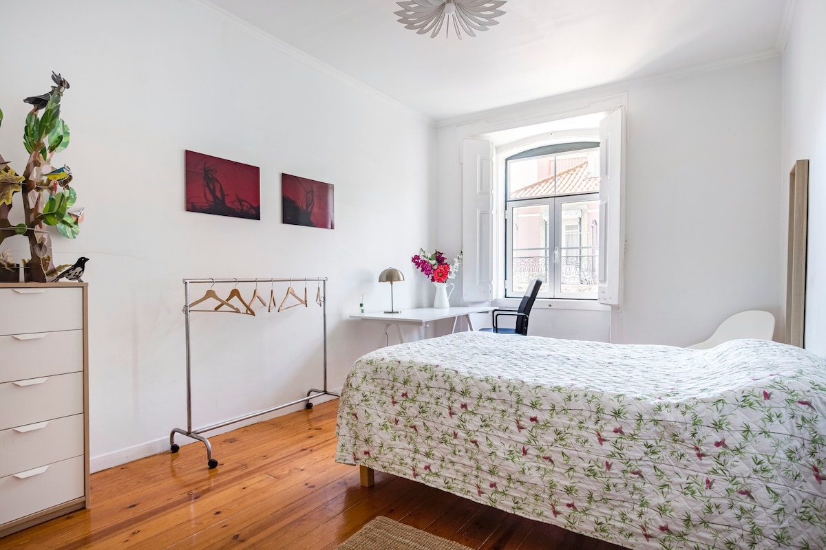 Соба од 28 квадратни метри со огромен прозорец за главната улица. Тивко навечер, живописно во текот на денот.  Конфигурирајте го креветот, голема маса за работа ако е потребно.