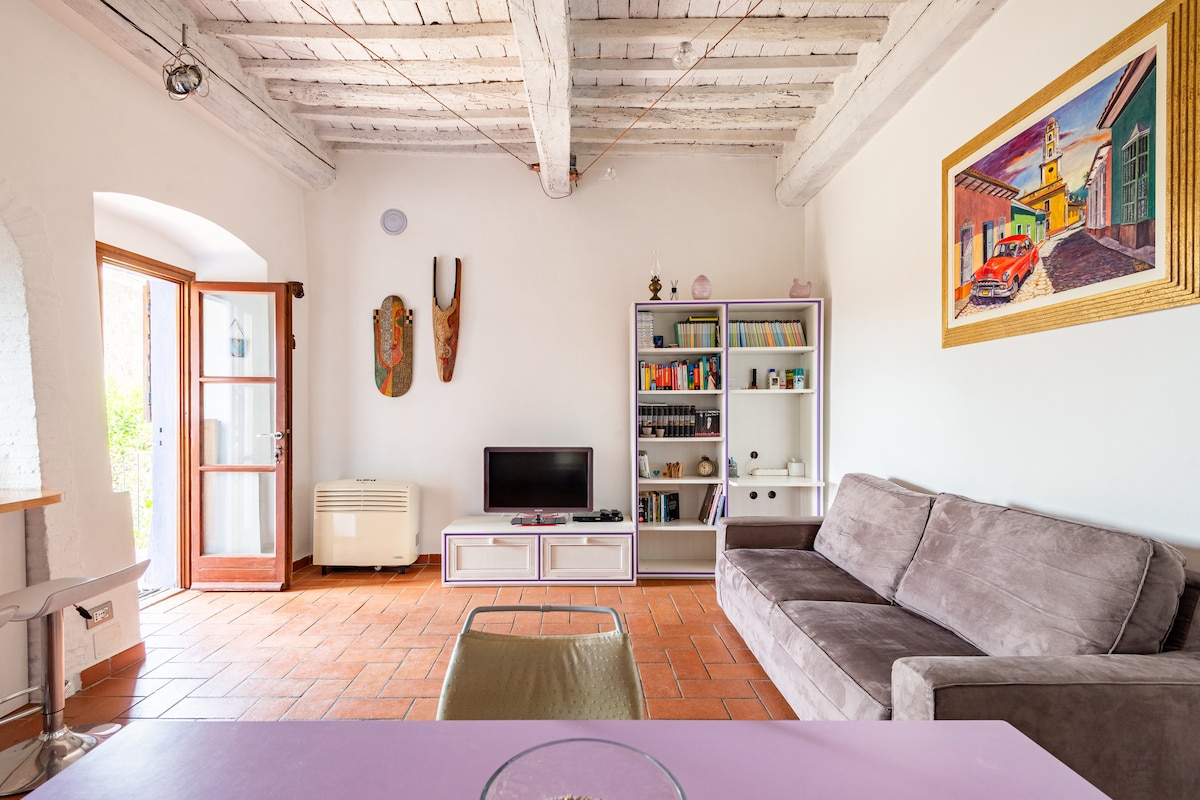 The living area features wooden ceiling beams and terracotta flooring, complemented by a gray sofa. A white shelf houses various books, while a flat-screen TV is positioned nearby. Natural light enters through the double doors, which open to a view of the garden.