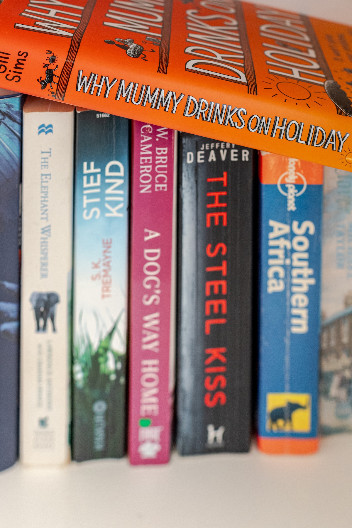 A collection of books is arranged neatly on a shelf, featuring various titles and authors. The top book has a bright orange cover, while others display a mix of colorful spines, including shades of blue and white. The titles hint at diverse genres.