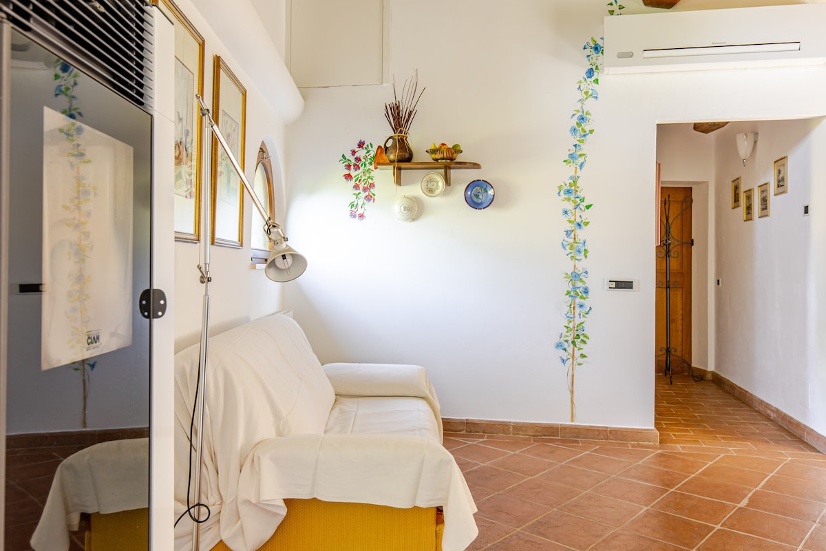 A bright living area is shown with a white sofa covered in a light cloth. Decorative wall art featuring green vines adds a touch of nature. Light enters through a window, while an air conditioning unit is visible on the wall to ensure comfort.