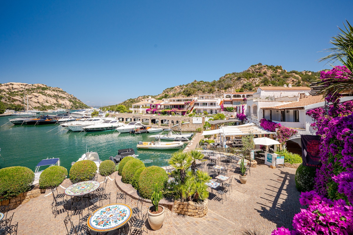 The image displays a vibrant waterfront area, populated by boats at dock and surrounded by lush greenery. Colorful flowering plants add charm to the scene, where dining tables with intricate designs offer outdoor seating. Bright blue skies complete the inviting atmosphere of the marina.