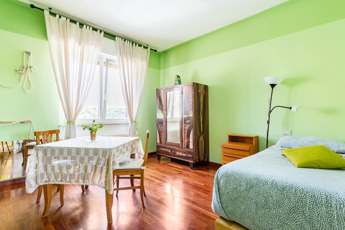 A bright room features green walls with a spacious bed and a decorative pillow. A wooden wardrobe stands against one wall, while a small table with two chairs complements the space. Natural light enters through large windows adorned with sheer curtains, illuminating the polished wooden floor.