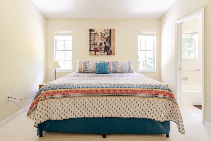 Your master bedroom has a king size bed, a walk in closet, and a large bathroom with his and her sink as well as a walk in shower and separate tub.  