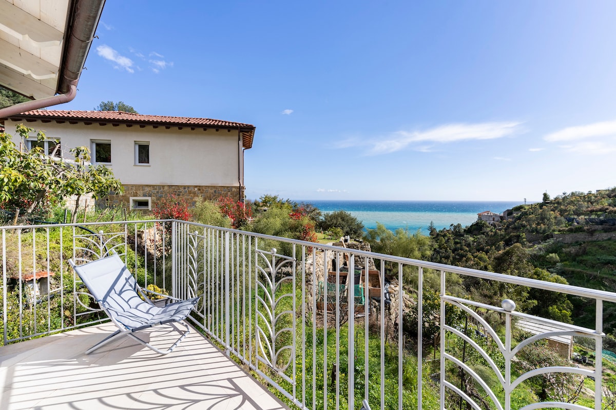 A terrace offers a scenic view of the ocean and surrounding greenery, featuring a comfortable lounge chair. The lightweight railing provides a clear sightline to the vibrant landscape, with colorful foliage in the foreground and distant hills framing the picturesque coastline.