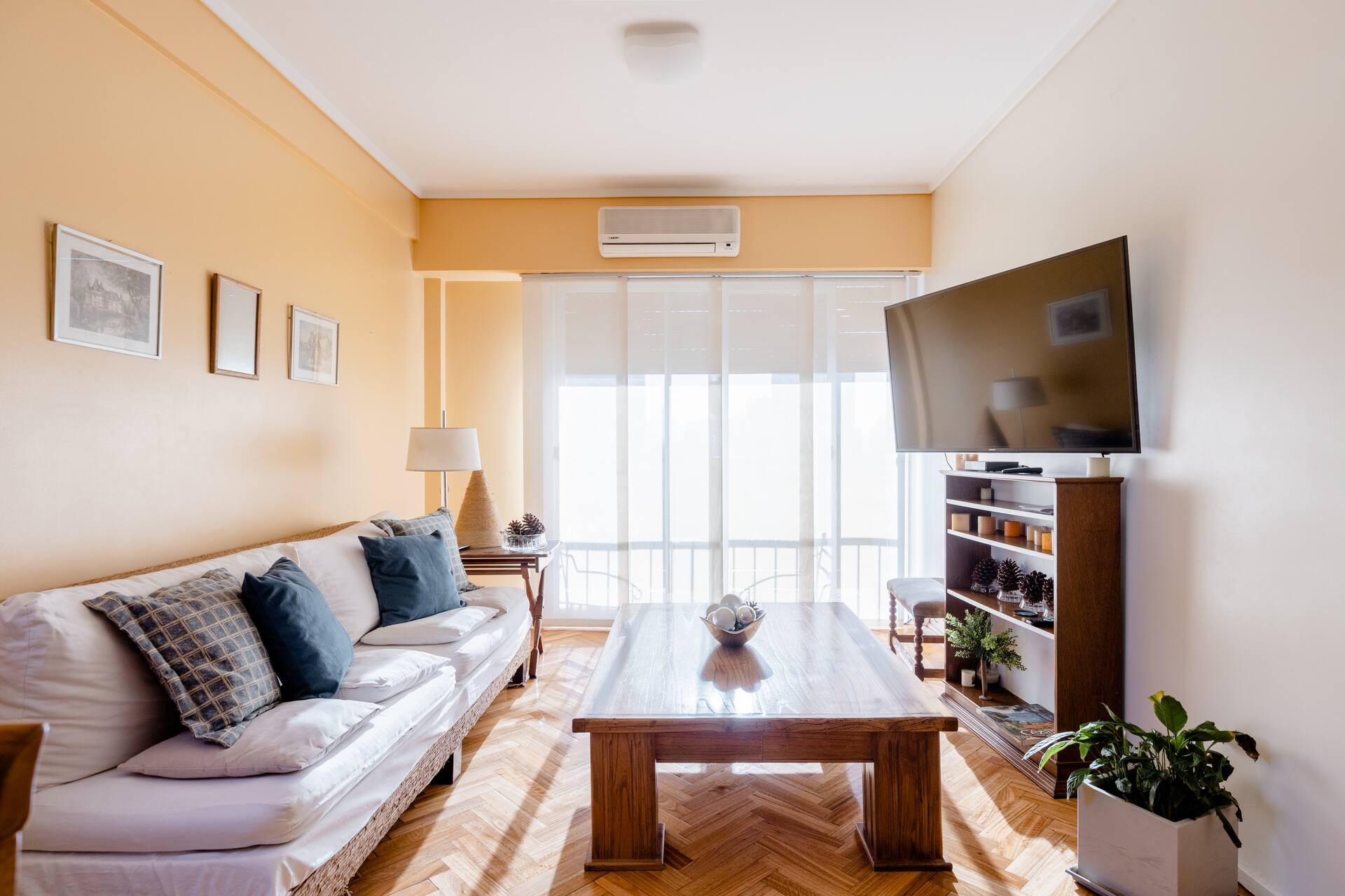 A bright room with a private bathroom