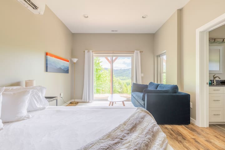 Guest Suite with attached full bath and sitting area.  The sliding doors exits to under the deck with hammock and firepit access. 