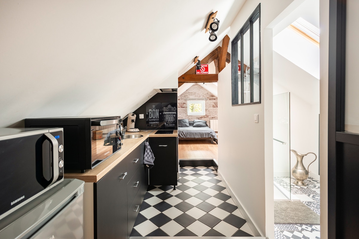 A modern kitchenette is shown, featuring a sleek countertop and essential appliances including a microwave and coffee machine. The flooring presents a black and white checkered pattern. In the background, a cozy sleeping area is visible, complemented by wooden beams and a soft color palette.