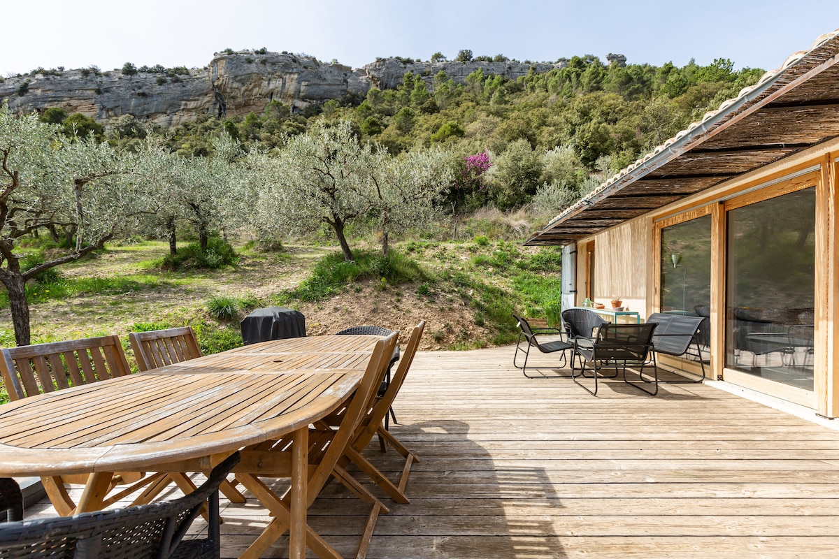 A spacious wooden terrace is showcased, furnished with a large round table and several chairs. Olive trees and natural greenery surround the area, with a rocky hillside rising in the background. The floor-to-ceiling glass doors provide a view into the indoor living space.