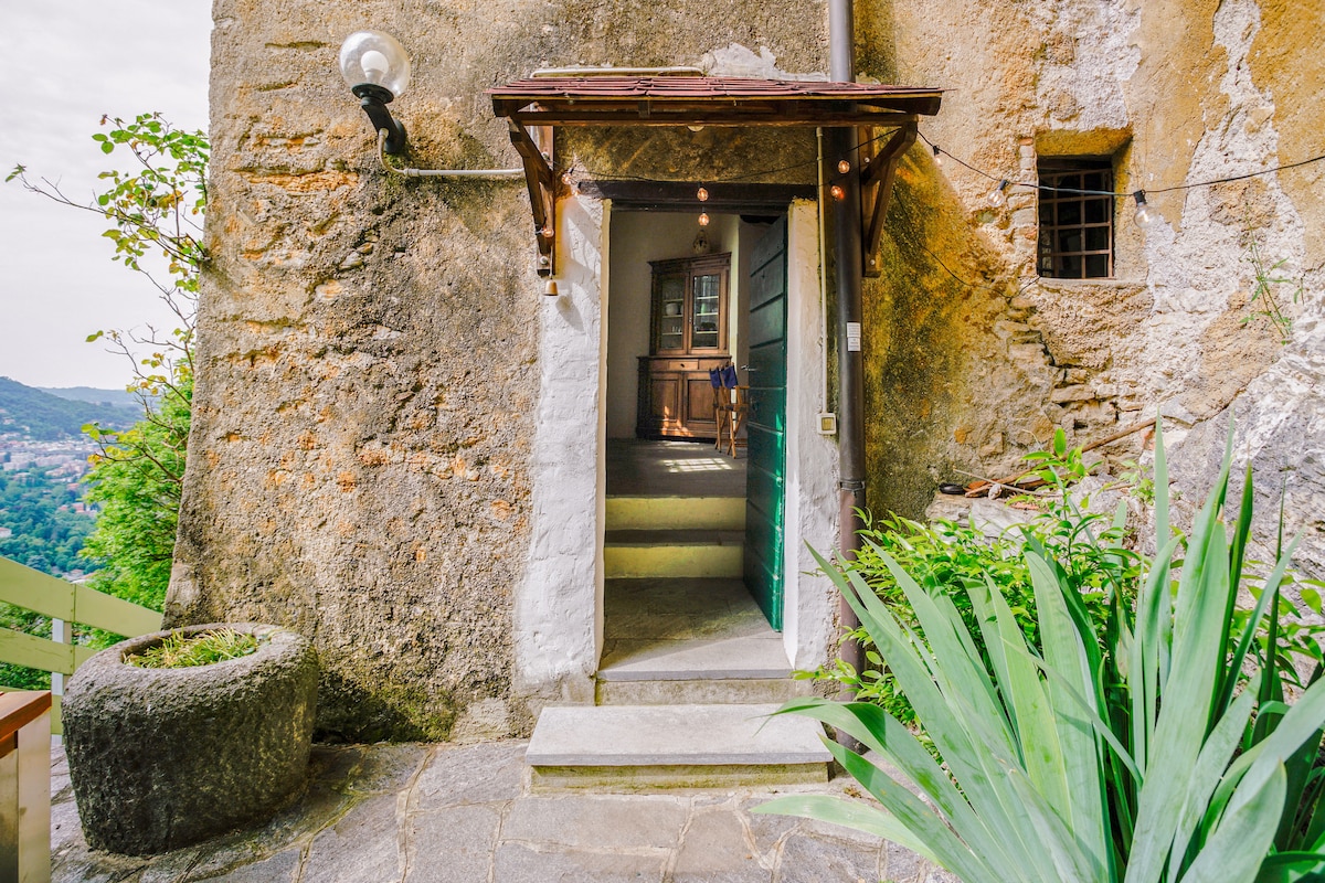 An entrance to the building is framed by natural stone walls, featuring a sturdy wooden door partially open. Steps lead indoors, surrounded by greenery. A potted plant is positioned nearby, with soft lighting from a wall-mounted lamp enhancing the entrance's welcoming presence.