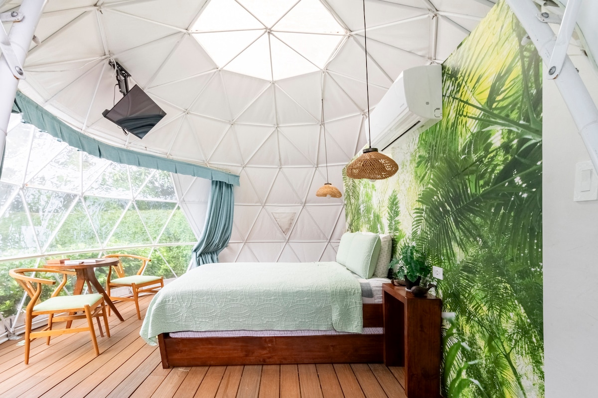 A glamping dome interior features a spacious bed draped with a light green coverlet. A natural-themed mural of lush foliage decorates one wall. A wooden table and chairs provide a cozy dining space, while large windows invite abundant natural light and offer views of the surrounding greenery.