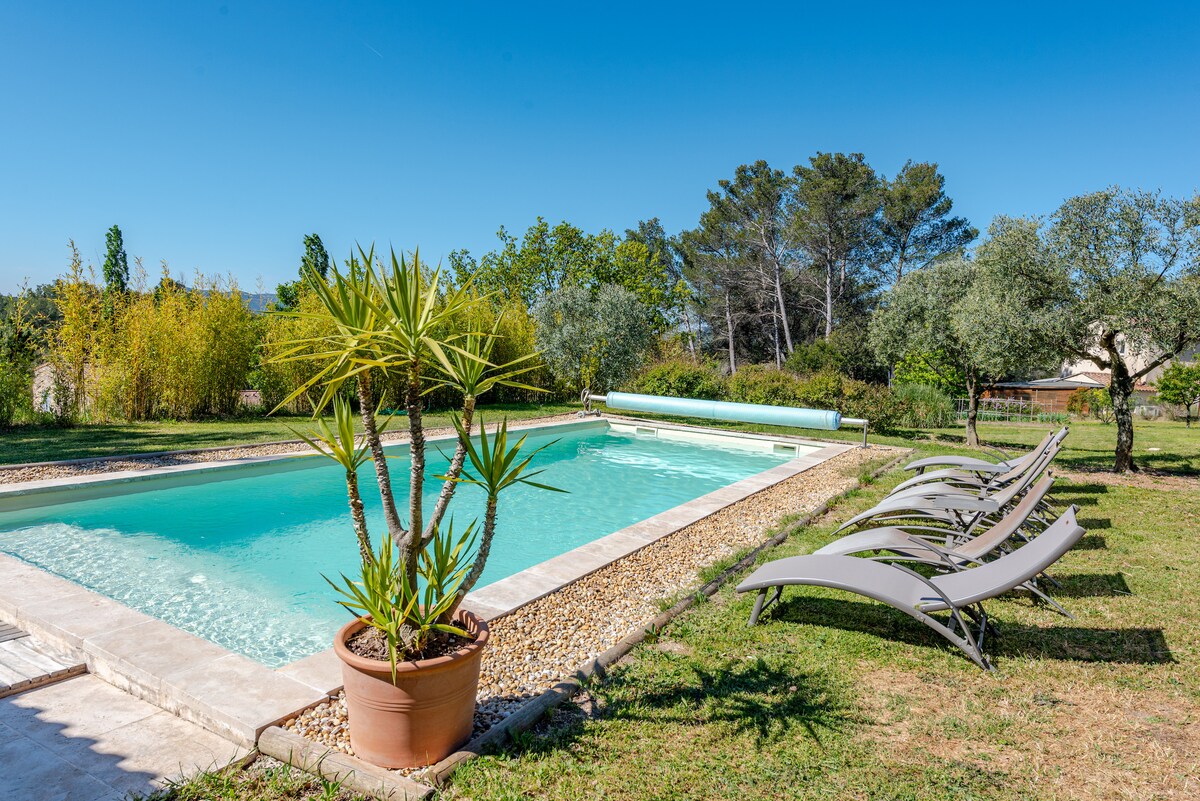 A tranquil salt-water pool is bordered by a spacious lawn and features comfortable lounge chairs arranged under a clear blue sky. A decorative potted plant adds a touch of greenery near the pool's edge.