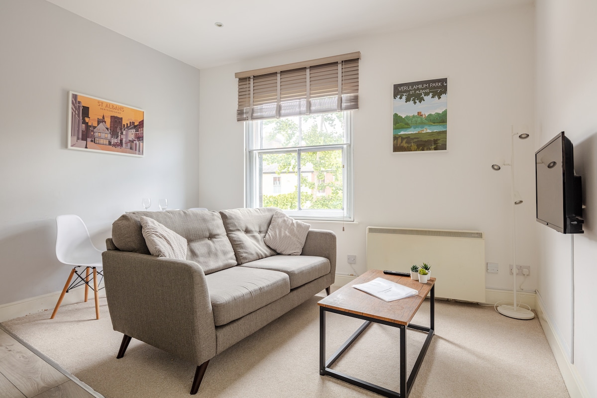 A functional living area features a light grey sofa paired with a dark coffee table, creating a cozy seating arrangement. Large sash windows offer natural light, complemented by art on the walls. A flat screen TV is mounted for entertainment, enhancing the versatile space.