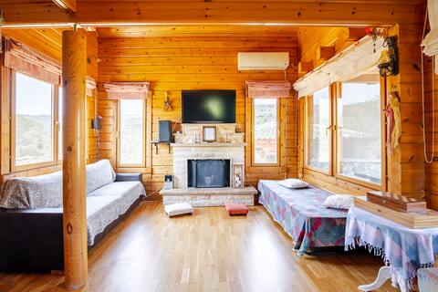 Pleasant woodhouse with indoor fireplace.