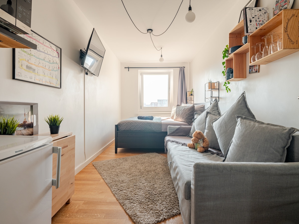 The guest suite features a cozy layout with a spacious bed next to a pull-out sofa. A small kitchenette is visible, along with a television mounted on the wall. Natural light enters through a window, illuminating the room's neutral decor and warm wooden flooring.