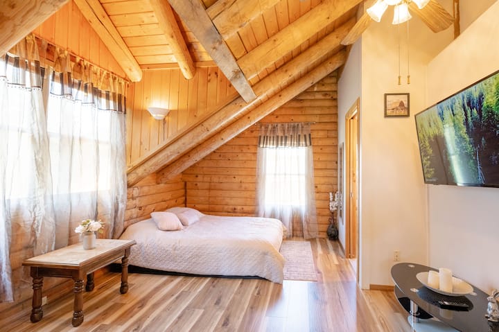 Newly Redesigned Second Floor Bedroom with Exposed Beam Ceilings featuring a Queen size bed, Queen size sofa bed, a closet and a Smart TV