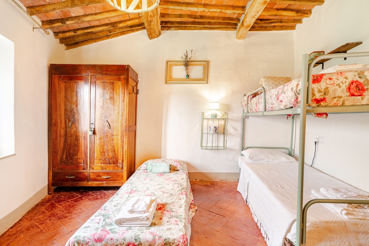 SantaLina房间，配备一张双层床，配备2张单人床和一张沙发床，可供第三人入住，一张儿童桌子，一台电视，可观看意大利复古VHS，可俯瞰山景，位于楼上