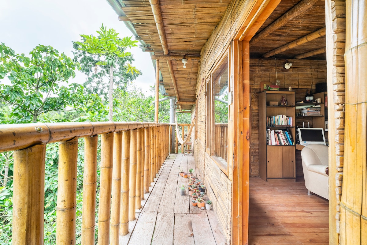 A wooden balcony extends from the accommodation, framed by bamboo railings. Potted plants line the edges, and a small seating area is visible. The lush green foliage surrounding the space creates a serene atmosphere, enhancing the connection to nature.