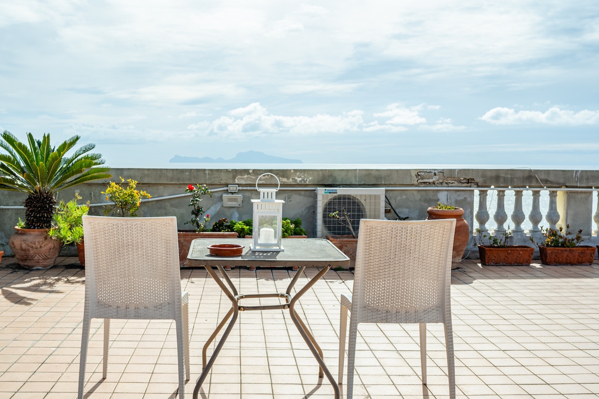 A spacious rooftop terrace is displayed, featuring a small table with two chairs. Potted plants and flowers add greenery, while a distant view of the sea and the island of Capri is visible under a partly cloudy sky.