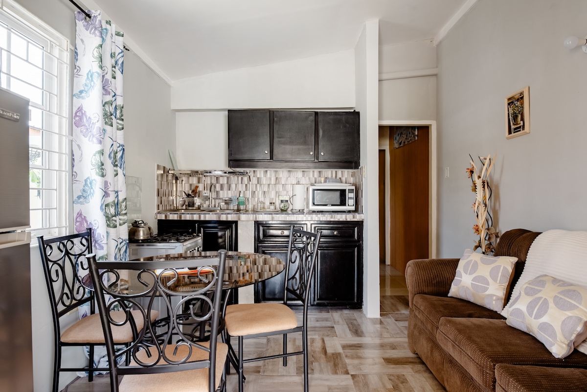 A compact kitchen area is visible, featuring dark cabinetry and a tiled backsplash. A dining table with four chairs is situated near a comfortable brown couch adorned with decorative pillows. Natural light enters through the window, enhancing the functional layout.
