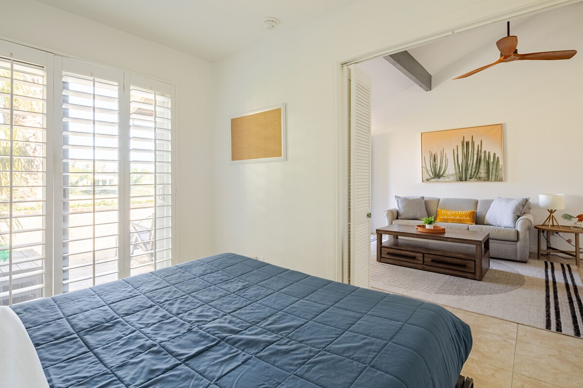 Third bedroom/bonus room includes a comfortable queen sized murphy bed and doors that can be closed for privacy. There is also direct access to the front patio.