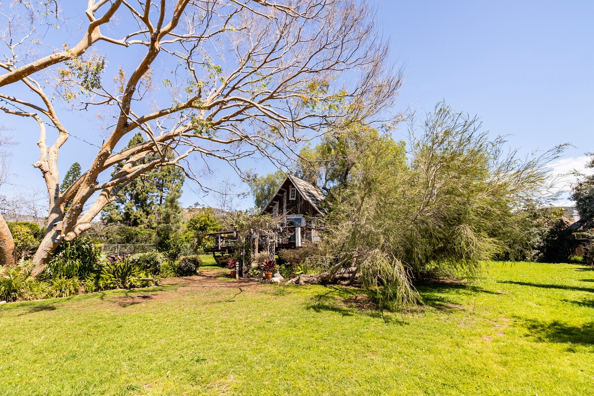 The Whimsical Treehouse is surrounded by a lush grassy yard, under the shade of a large Elm tree. The rustic structure blends harmoniously with the natural landscape, featuring various trees and vegetation, providing a tranquil setting for relaxation.
