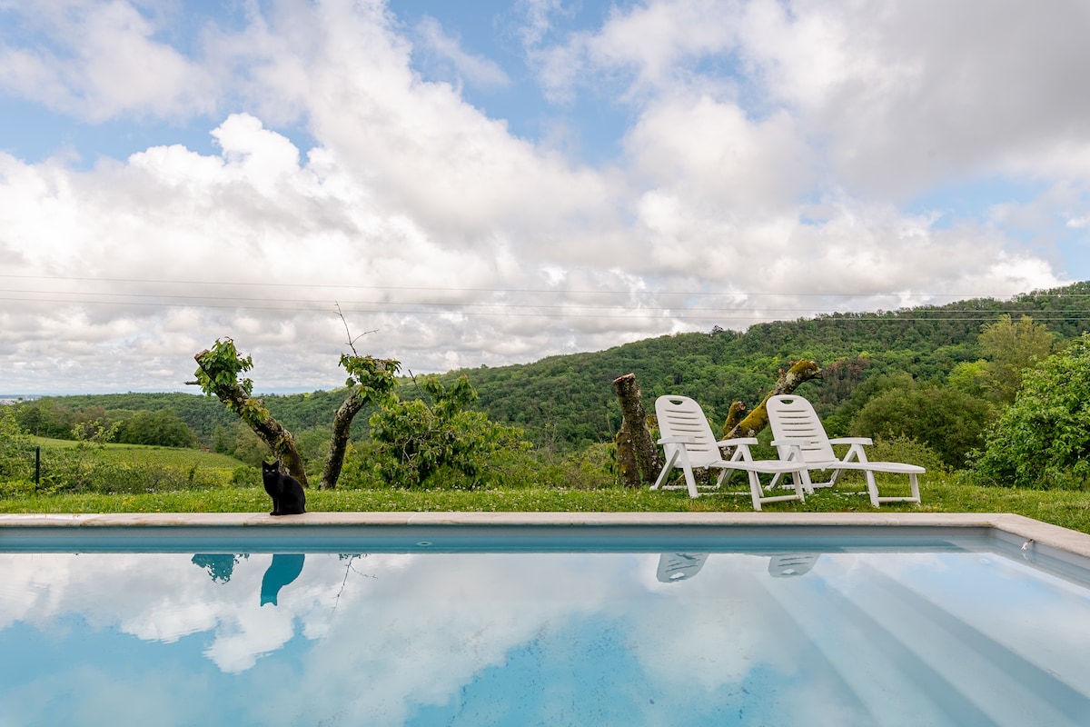 A swimming pool reflects the sky and surrounding greenery, creating a serene atmosphere. Two white lounge chairs are positioned at the poolside, offering a space to relax while enjoying the view of the lush landscape.