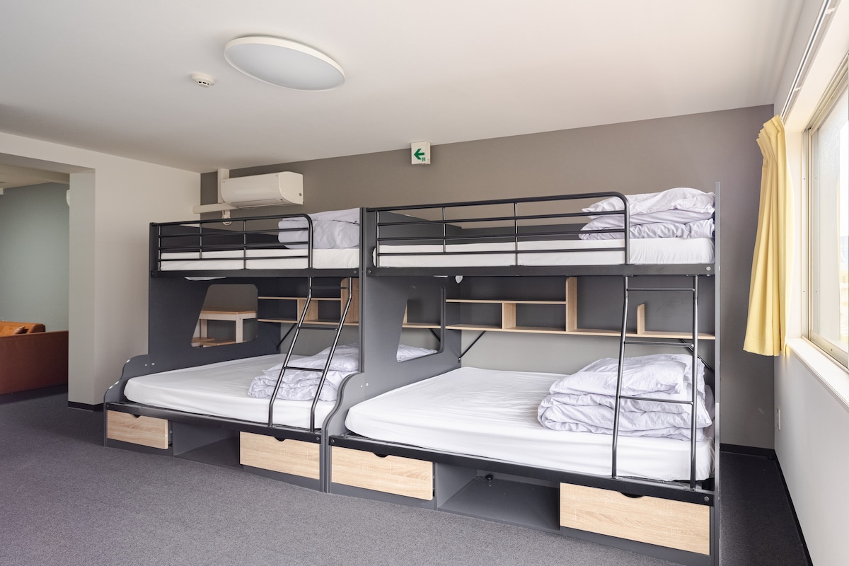 The bunk bed is the first semi-double size and the second tier is single size.
