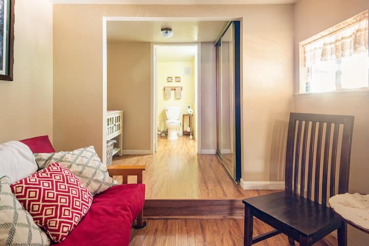 This is a walk through sleeping area with a queen size futon couch. It has a sitting area and a closet.