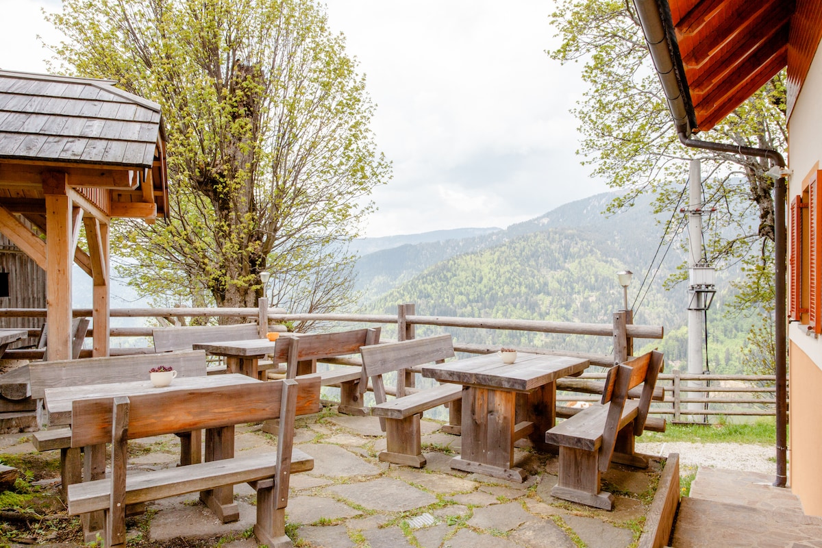 An outdoor seating area is presented, featuring wooden tables and benches arranged on a stone patio. Lush greenery and distant mountains provide a serene backdrop, while a large tree offers shade. The nearby building showcases wooden architecture, contributing to the tranquil setting.