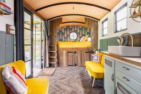 Unique railway wagon with wood fired hot tub