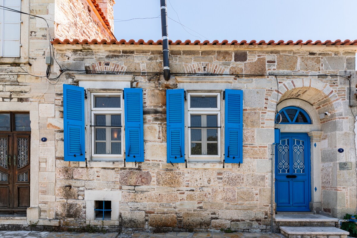 The charming exterior of the stone house features light-colored walls complemented by vibrant blue shutters and a matching front door. Classic architectural details accent the facade, and the inviting entryway is accented by decorative panels, creating a welcoming entrance.