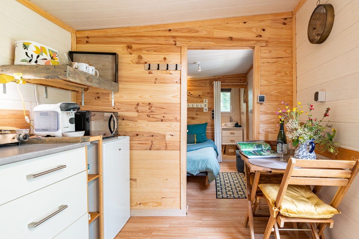 Wooden walls create a warm atmosphere in the tiny house. A kitchenette is equipped with a small fridge, microwave, and dining table set with two chairs. A doorway leads to the sleeping area, which features a blue bedspread and colorful artwork.