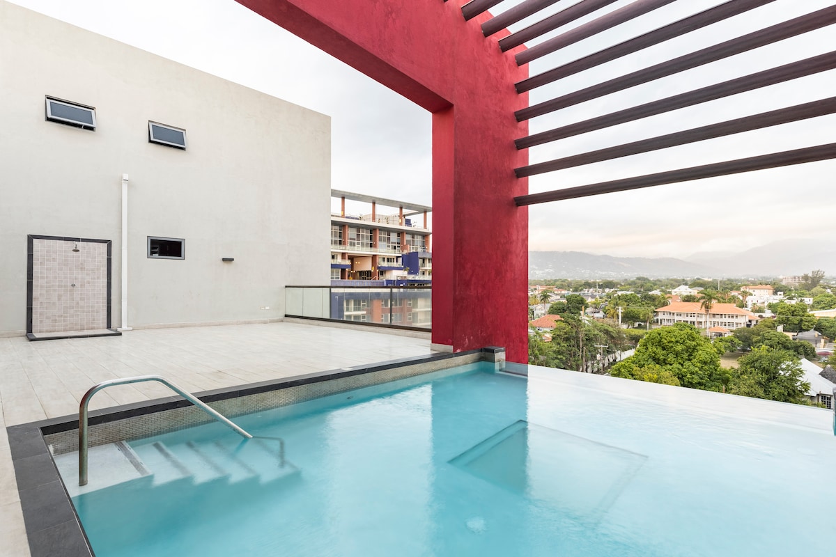 A modern rooftop pool is shown, featuring clear water with a gentle edge. The surrounding area is highlighted by a striking red wall and wooden slats. Panoramic views of the city and mountains are visible in the background, creating an open and inviting atmosphere.