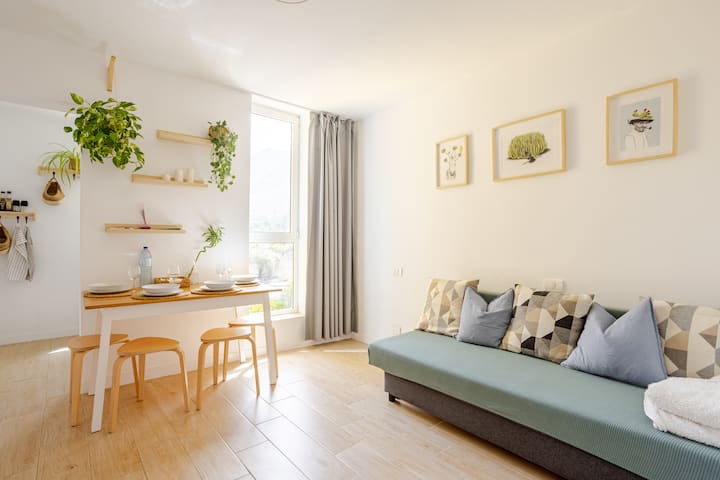 4名様用のテーブルを備えた明るく開放的なリビングルーム。 オープンキッチン。リビングにはソファベッド、テレビ、Wi - Fi、ポータブルエアコンがあります。 