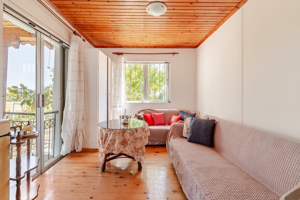 A spacious living area is highlighted by warm wooden flooring and a ceiling. Natural light enters through large windows, which offer views of the surrounding greenery. Two comfortable sofas are complemented by a round table adorned with a floral tablecloth, creating an inviting atmosphere.
