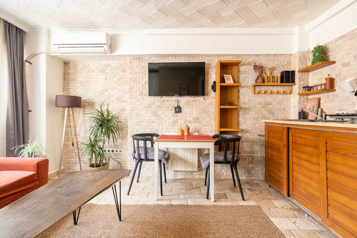A cozy living area features a textured stone wall and warm wooden cabinetry. A dining table with two black chairs is positioned in front of a wall-mounted television. A brown area rug lies on the floor, complementing a red couch and a tall potted plant.