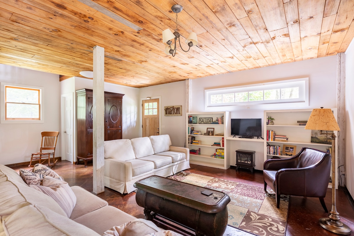The living area features a comfortable couch and an accent chair, complemented by a wooden ceiling. Natural light enters through a window, illuminating a simple bookshelf and a television. A coffee table with a patterned rug adds warmth to the space.