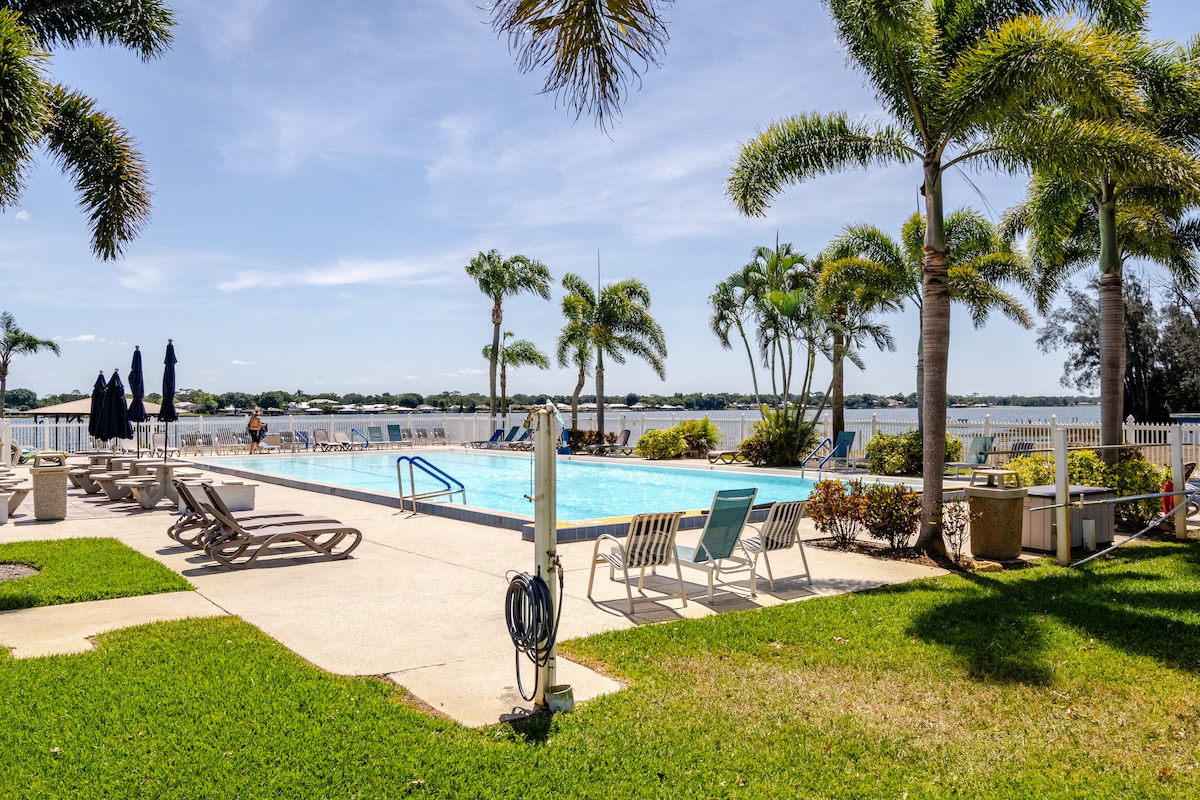 A spacious outdoor area features a heated salt-water pool surrounded by lounge chairs and palm trees. The serene view of Lake Grassy is visible in the background, complemented by a manicured lawn and a paved patio area.