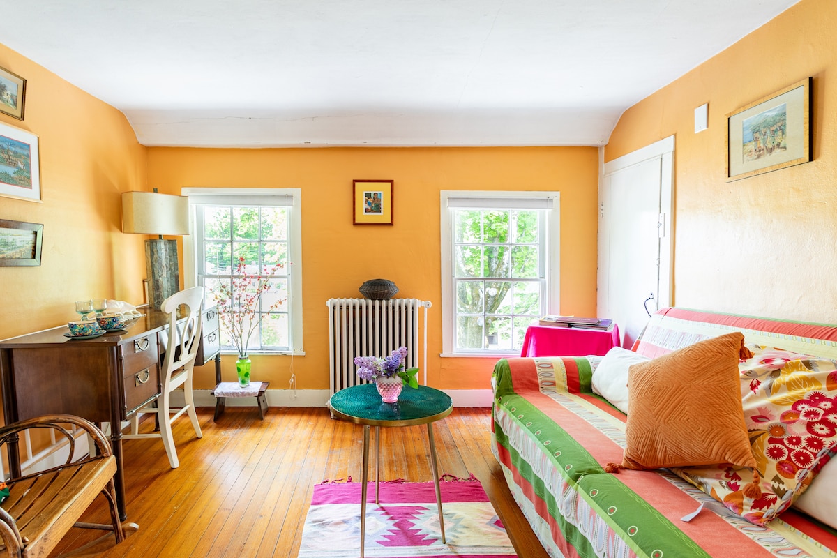 A bright living area features a striped sofa and a circular table with a vase of flowers. Natural light enters through two windows, enhancing the warm orange walls. A wooden dresser and a chair are positioned beside the radiator, creating a comfortable and inviting space.